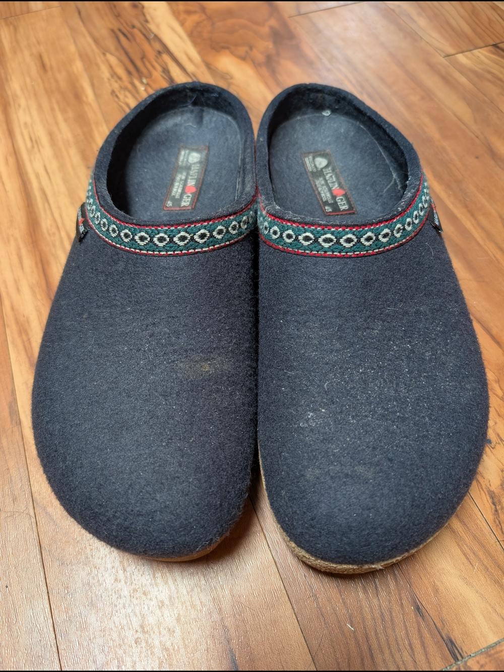 Haflinger Men's Navy Wool Slip-On Clog Slippers with Embroidered Trim